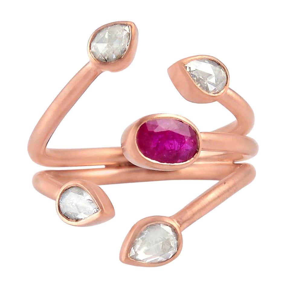 Customizable Rose Cut Diamond Ruby 18 Karat Gold Open Ring For Sale at ...