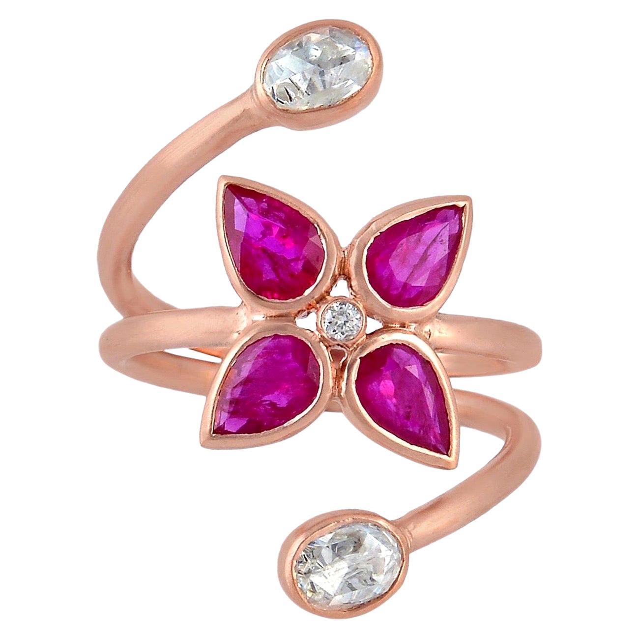 For Sale:  Rosecut Diamond Ruby 18 Karat Gold Open Ring