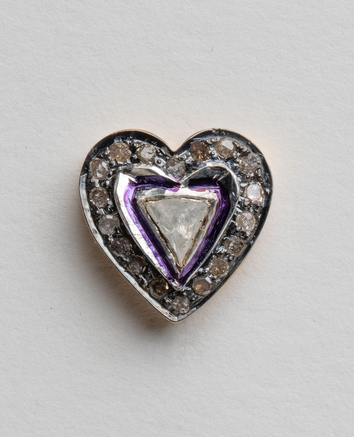 A pair of oxidized sterling earrings in a heart shape with a rosecut diamond in the center with enamel work around it.  Surrounded by round, brilliant cut diamonds in a pave` setting.  18K gold post for pierced ears.  