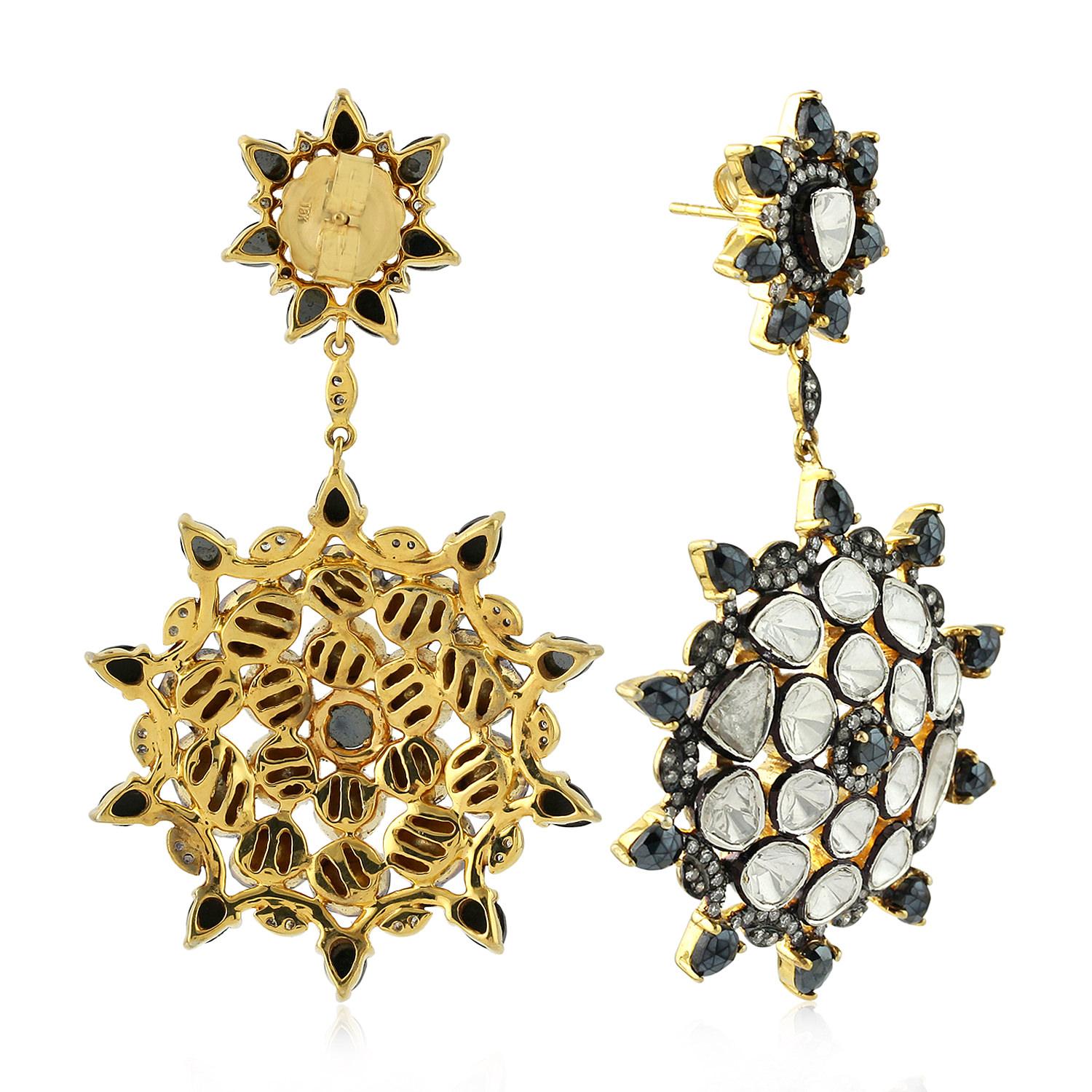Art Deco Rosecut Diamonds & Black Spinel Flower Shaped Dangle Earrings For Sale
