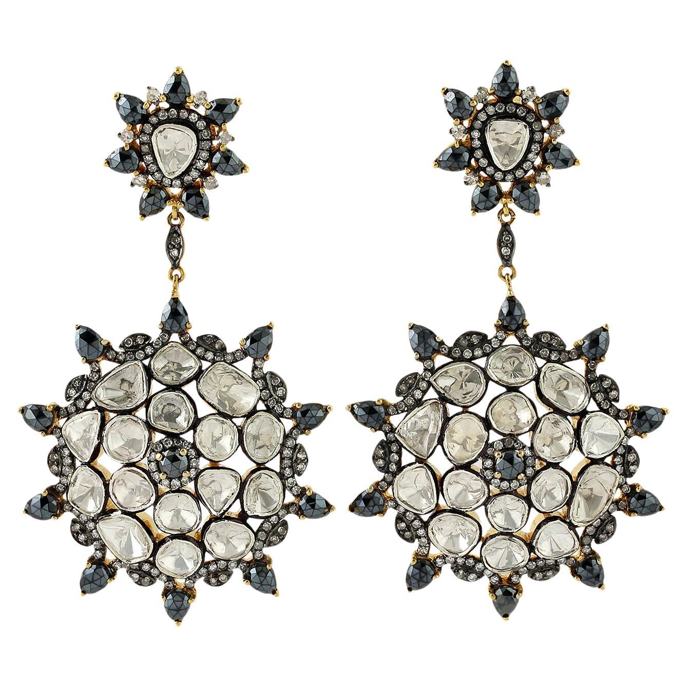 Rosecut Diamonds & Black Spinel Flower Shaped Dangle Earrings For Sale