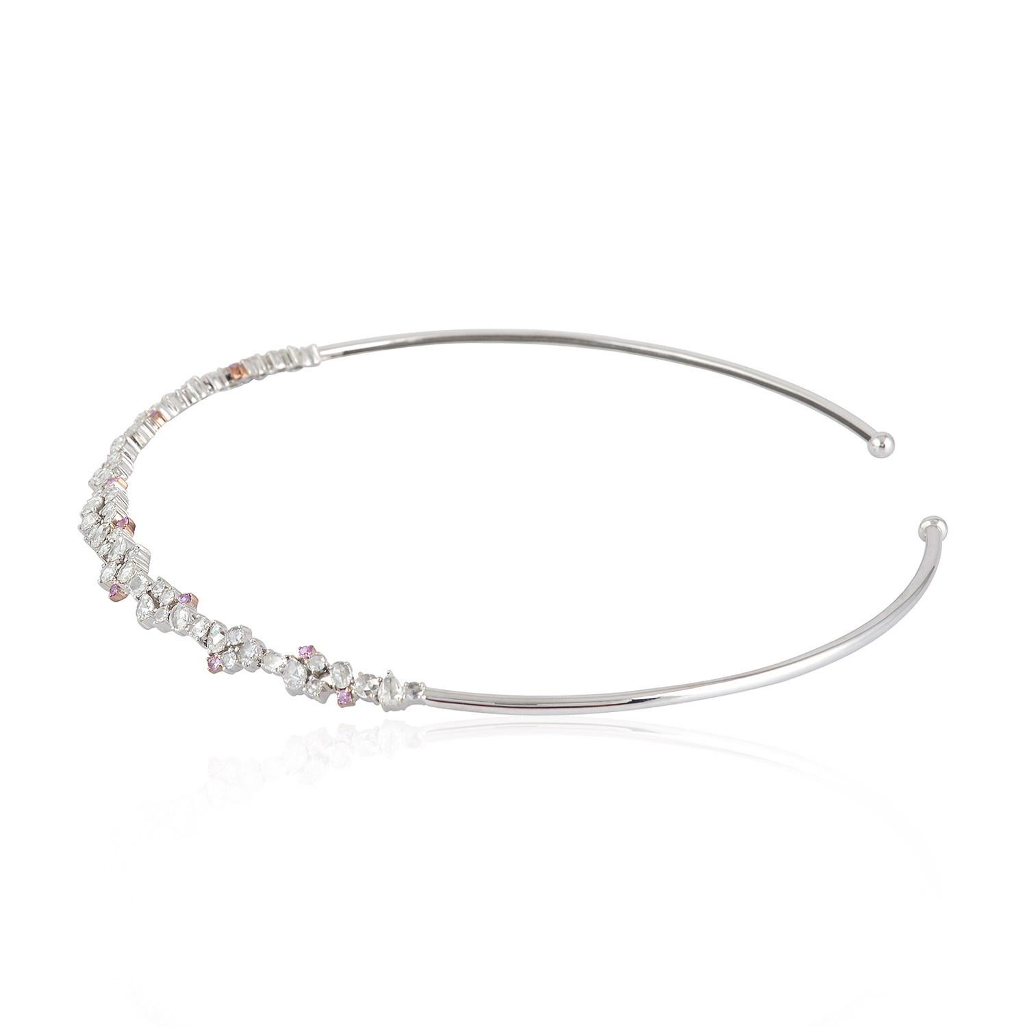 Women's Rosecut Diamonds Choker Necklace With Pink Sapphire Made In 18k White Gold For Sale