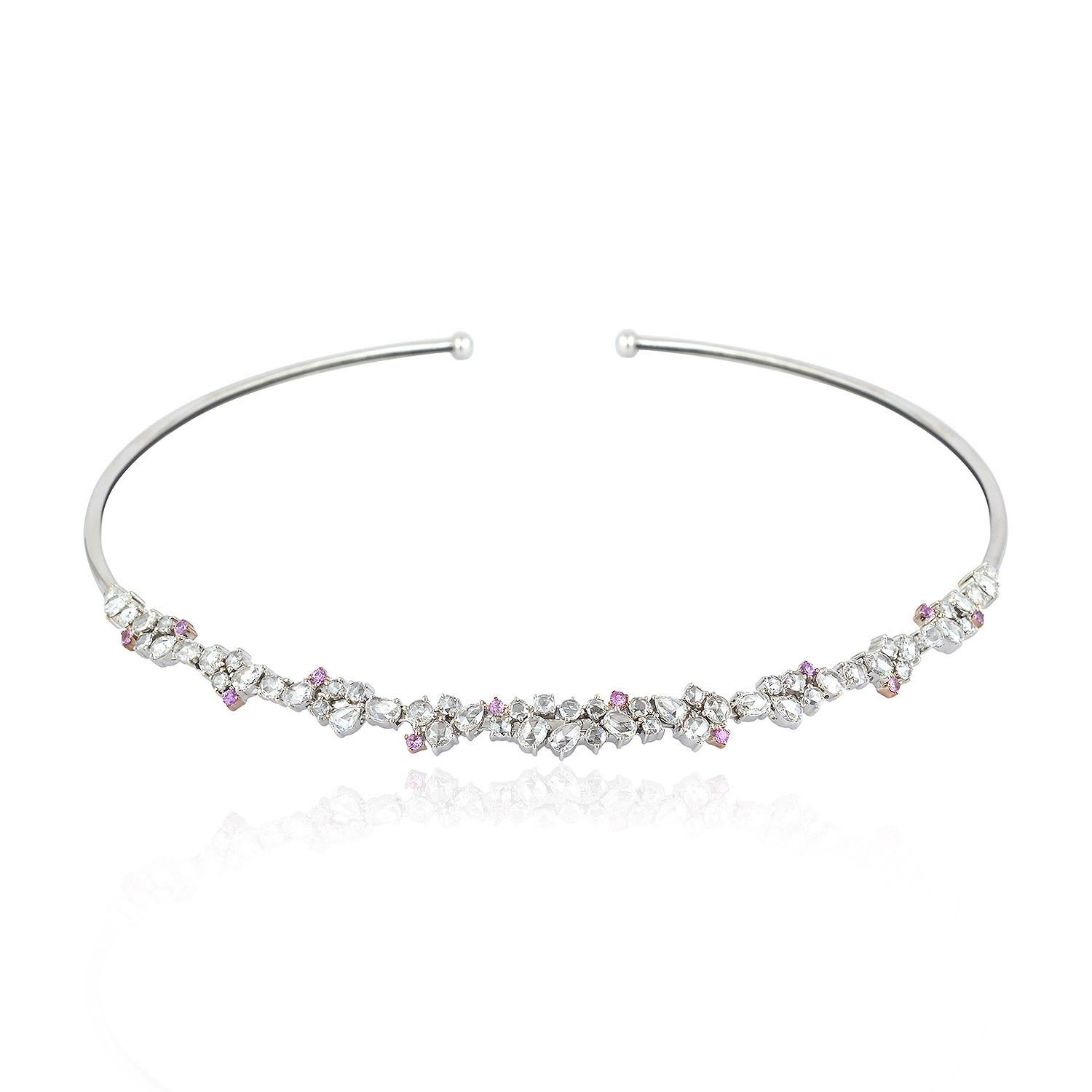 Rosecut Diamonds Choker Necklace With Pink Sapphire Made In 18k White Gold For Sale 1