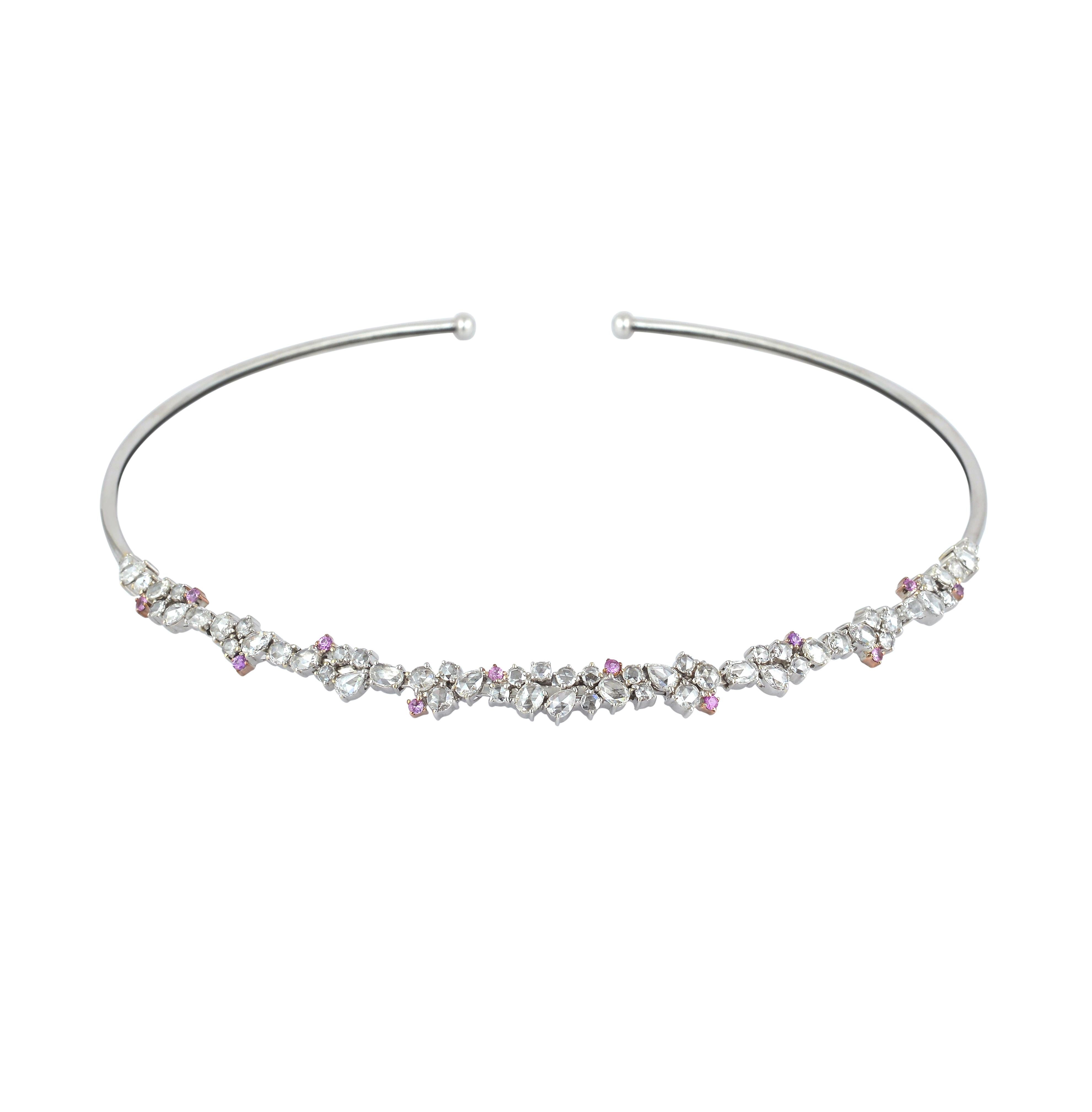 Rosecut Diamonds Choker Necklace With Pink Sapphire Made In 18k White Gold For Sale 2