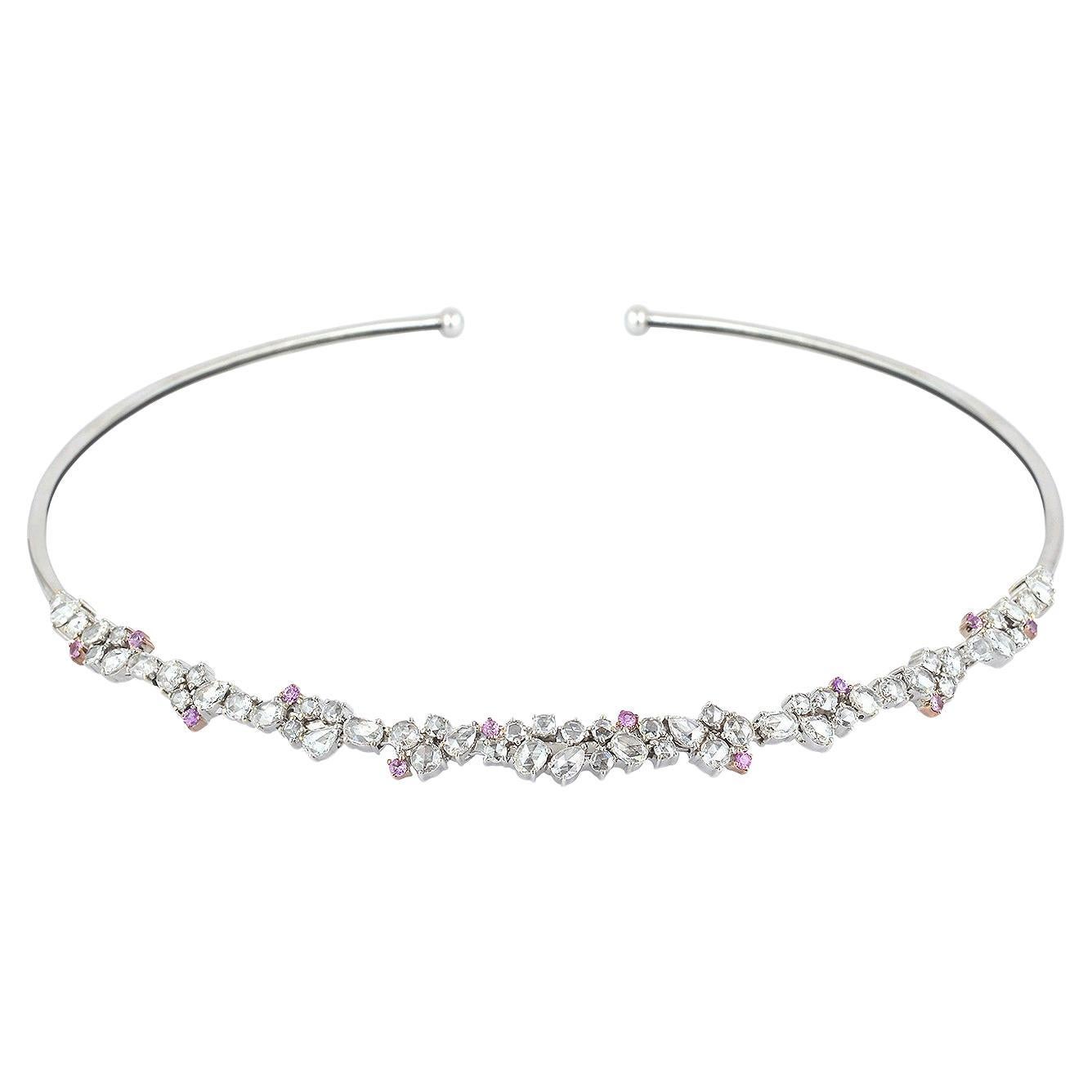 Choker-Halskette aus 18 Karat Weißgold mit Diamanten im Rosenschliff und rosa Saphiren im Angebot