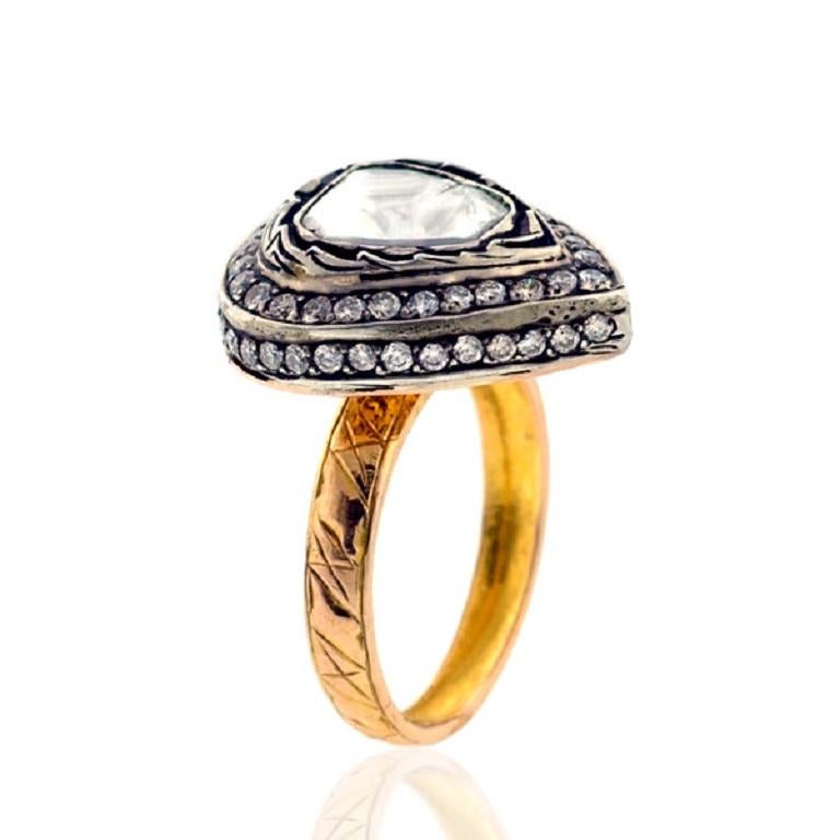 Contemporary Rosecut Diamonds Cocktail Ring In Pear Shape Made In 18k Gold & Silver For Sale