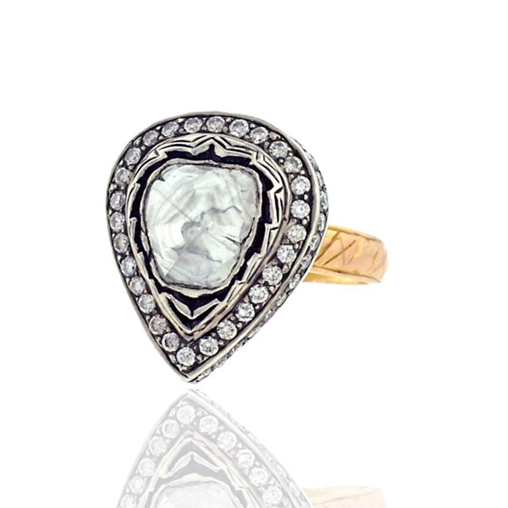Mixed Cut Rosecut Diamonds Cocktail Ring In Pear Shape Made In 18k Gold & Silver For Sale