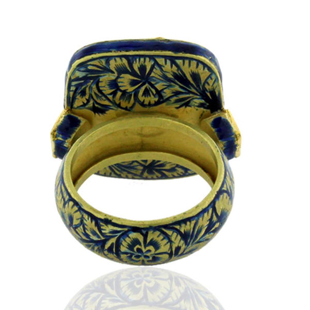 Art Nouveau Rosecut Diamonds Cocktail Ring With Blue Enamel Made In 18k Gold & Silver For Sale