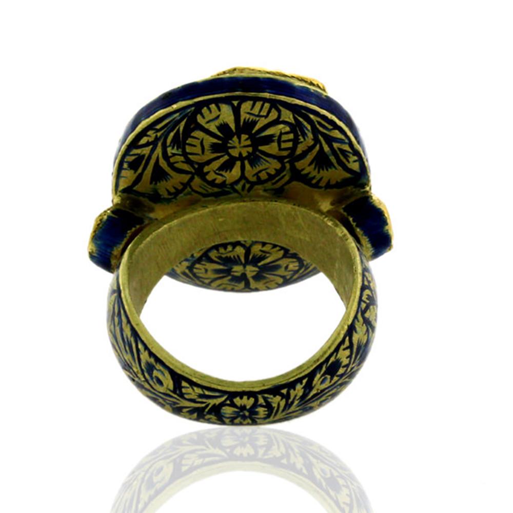 Art Nouveau Rosecut Diamonds Cocktail Ring With Blue Enamel Made In 18k Gold & Silver For Sale