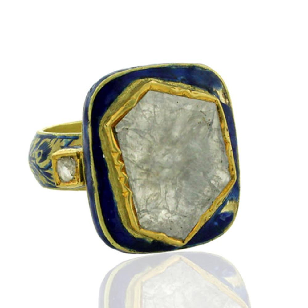 Mixed Cut Rosecut Diamonds Cocktail Ring With Blue Enamel Made In 18k Gold & Silver For Sale