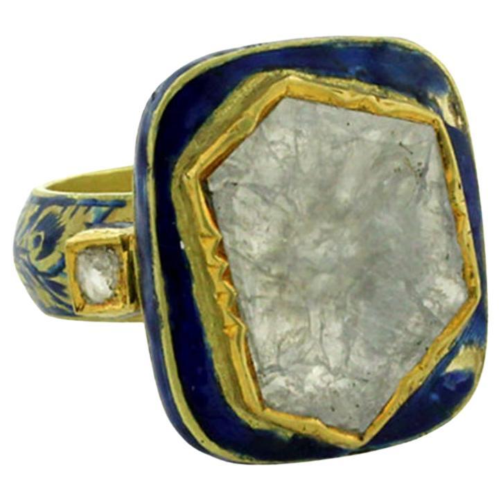 Bague cocktail en or et argent 18 carats avec diamants taille rose et émail bleu