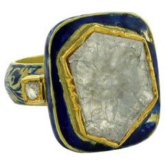 Rosecut Diamonds Cocktail Ring With Blue Enamel Made In 18k Gold & Silver