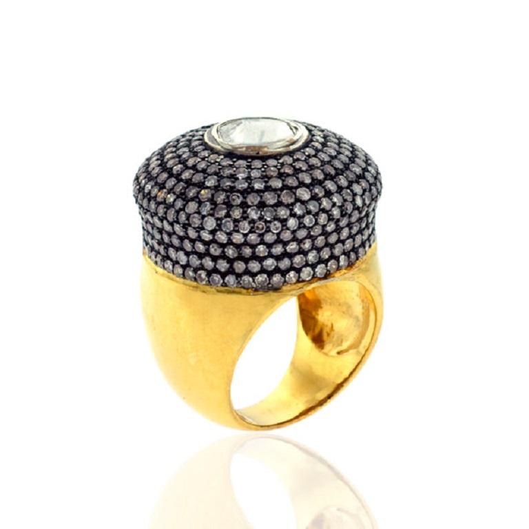 Contemporary Rosecut Diamonds Cocktail Ring With Pave Diamonds Made In 18k Gold & Silver For Sale