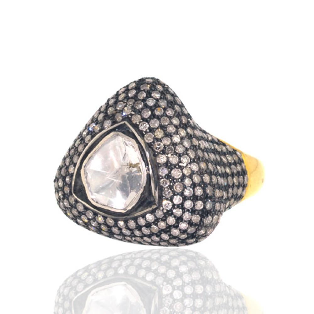 Mixed Cut Rosecut Diamonds Cocktail Ring With Pave Diamonds Made In 18k Gold & Silver For Sale