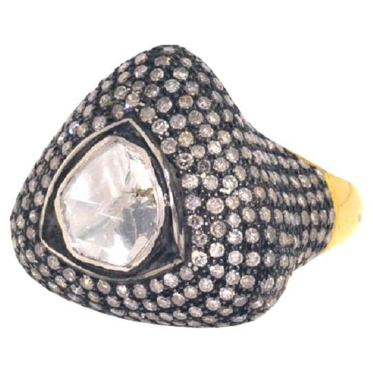 Bague cocktail en or et argent 18 carats avec diamants taille rose et pavés