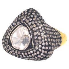 Bague cocktail en or et argent 18 carats avec diamants taille rose et pavés