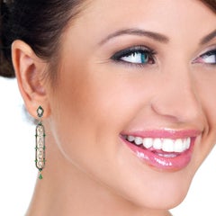 Rosecut Diamonds & Emerald Dangle Earrings Made In 18k yellow Gold & silver