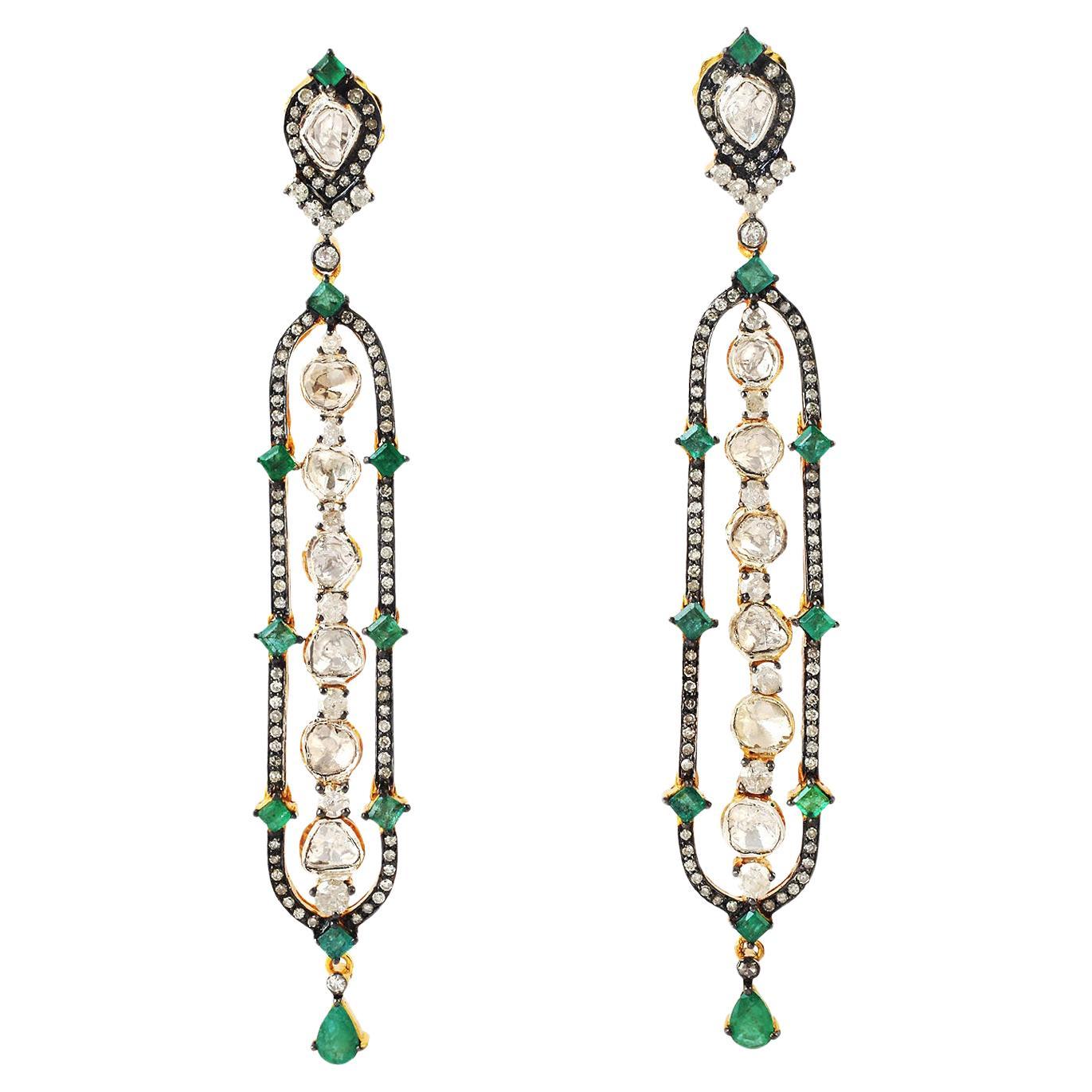 Rosecut Diamonds & Emerald Dangle Earrings Made In 18k yellow Gold & silver