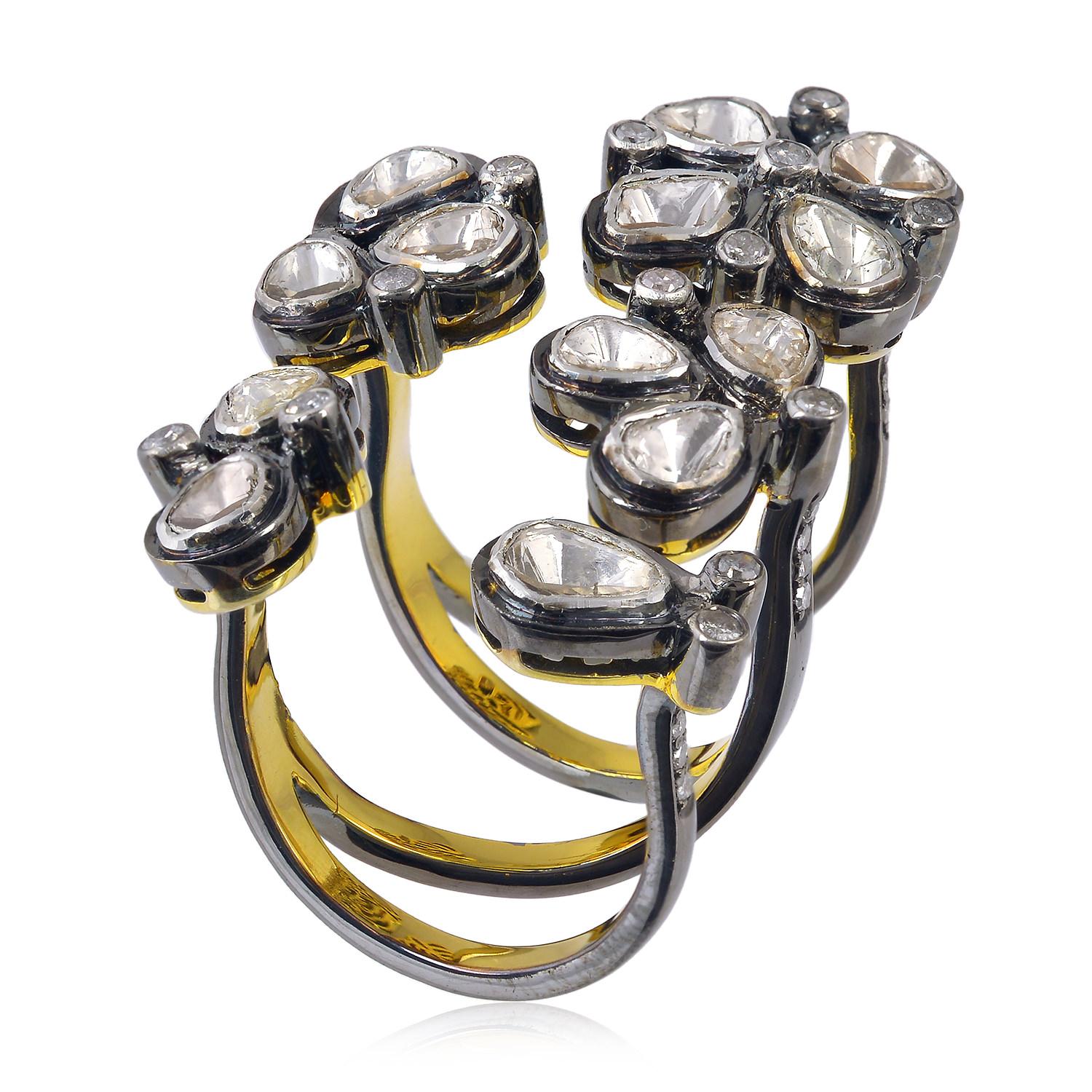 Rosecut Diamanten Blume ähnelt langen Ring In 18k Gelbgold & Silber gemacht im Zustand „Neu“ im Angebot in New York, NY