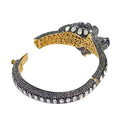 Rosecut Diamonds & Pave Diamonds Snake Shaped Bangle With Ruby Eyes In 14k Gold