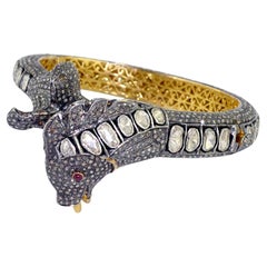 Rosecut Diamonds & Pave Diamonds Snake Shaped Bangle With Ruby Eyes In 14k Gold