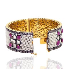 Rosecut Diamonds & Pearl Bangle w/ Filigree Design On Interior made In 14k Gold