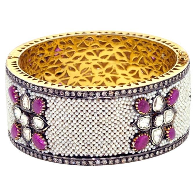 Rosecut Diamonds & Pearl Bangle w/ Filigree Design On Interior made In 14k Gold