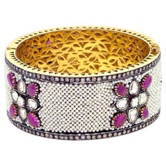 Rosecut Diamonds & Pearl Bangle w/ Filigree Design On Interior made In 14k Gold