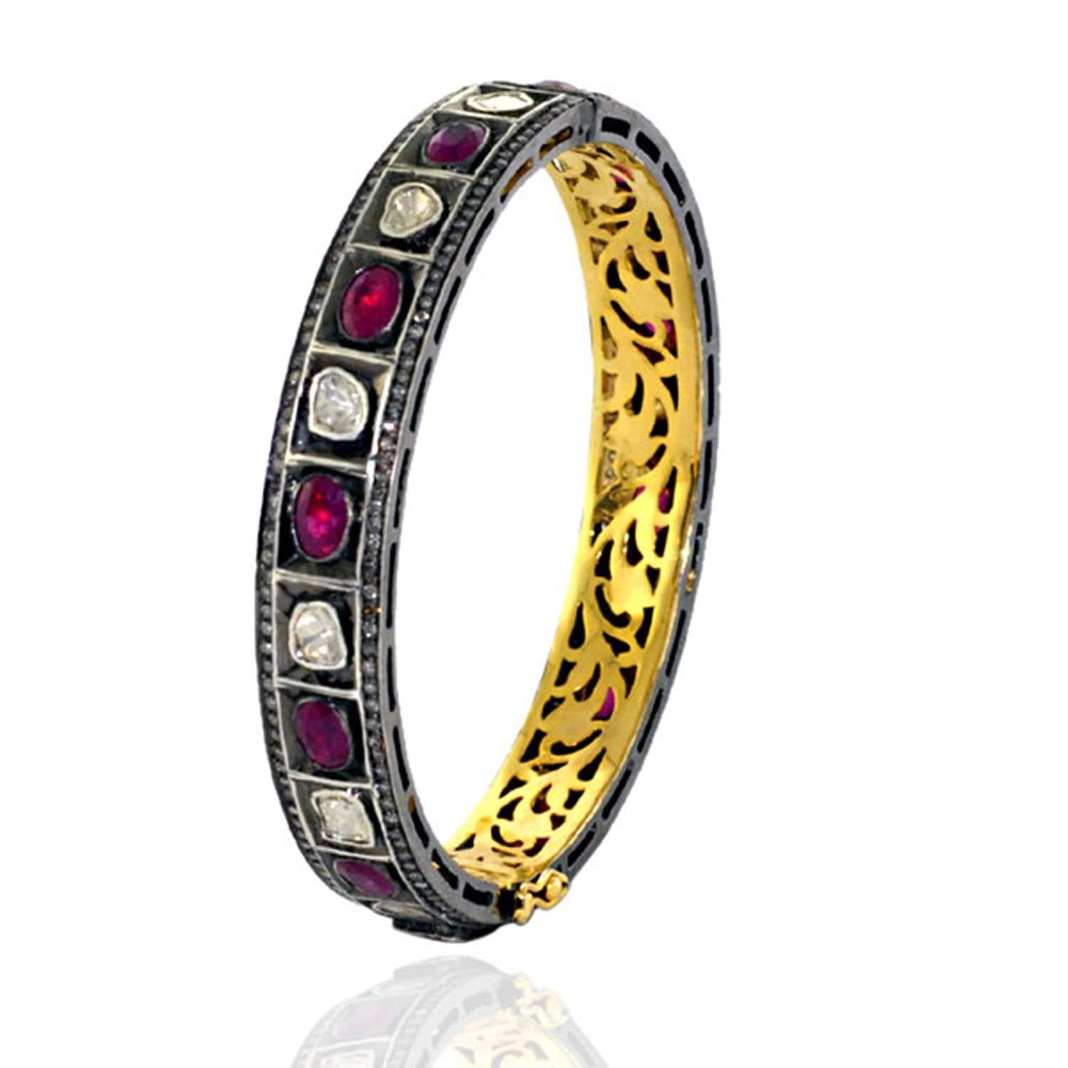 Rosecut Diamanten & Rubin Armreif In 14k Gelbgold & Silber gemacht (Kunsthandwerker*in) im Angebot