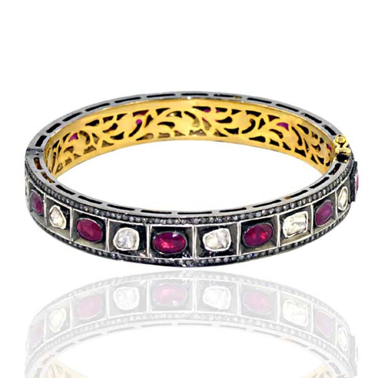 Rosecut Diamanten & Rubin Armreif In 14k Gelbgold & Silber gemacht (Gemischter Schliff) im Angebot