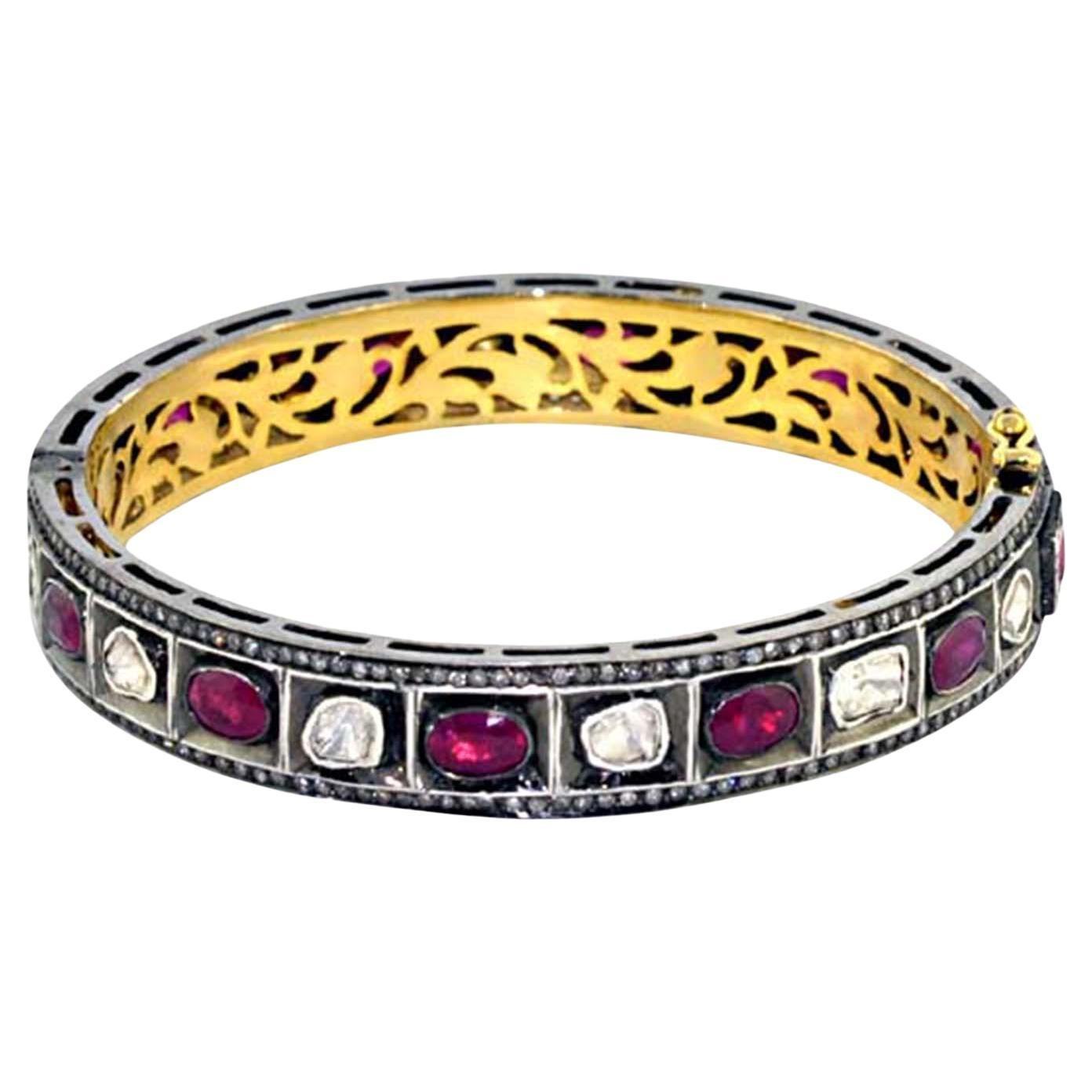 Rosecut Diamanten & Rubin Armreif In 14k Gelbgold & Silber gemacht im Angebot