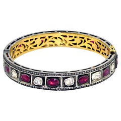 Rosecut Diamonds & Ruby Bangle Made In 14k yellow Gold & Silver