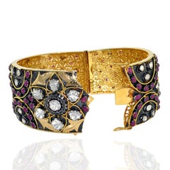 Rosecut Diamonds & Ruby Cuff With Filigree Work Made In 14k yellow Gold & Silver