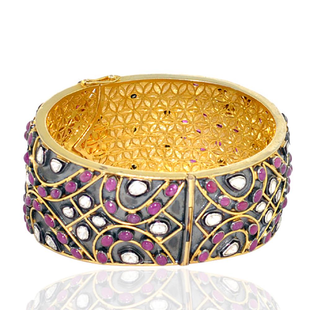 Brazalete De Diamantes Y Rubí Rosecut Con Trabajo De Filigrana Hecho En Oro Amarillo De 14k Y Plata Artesano en venta