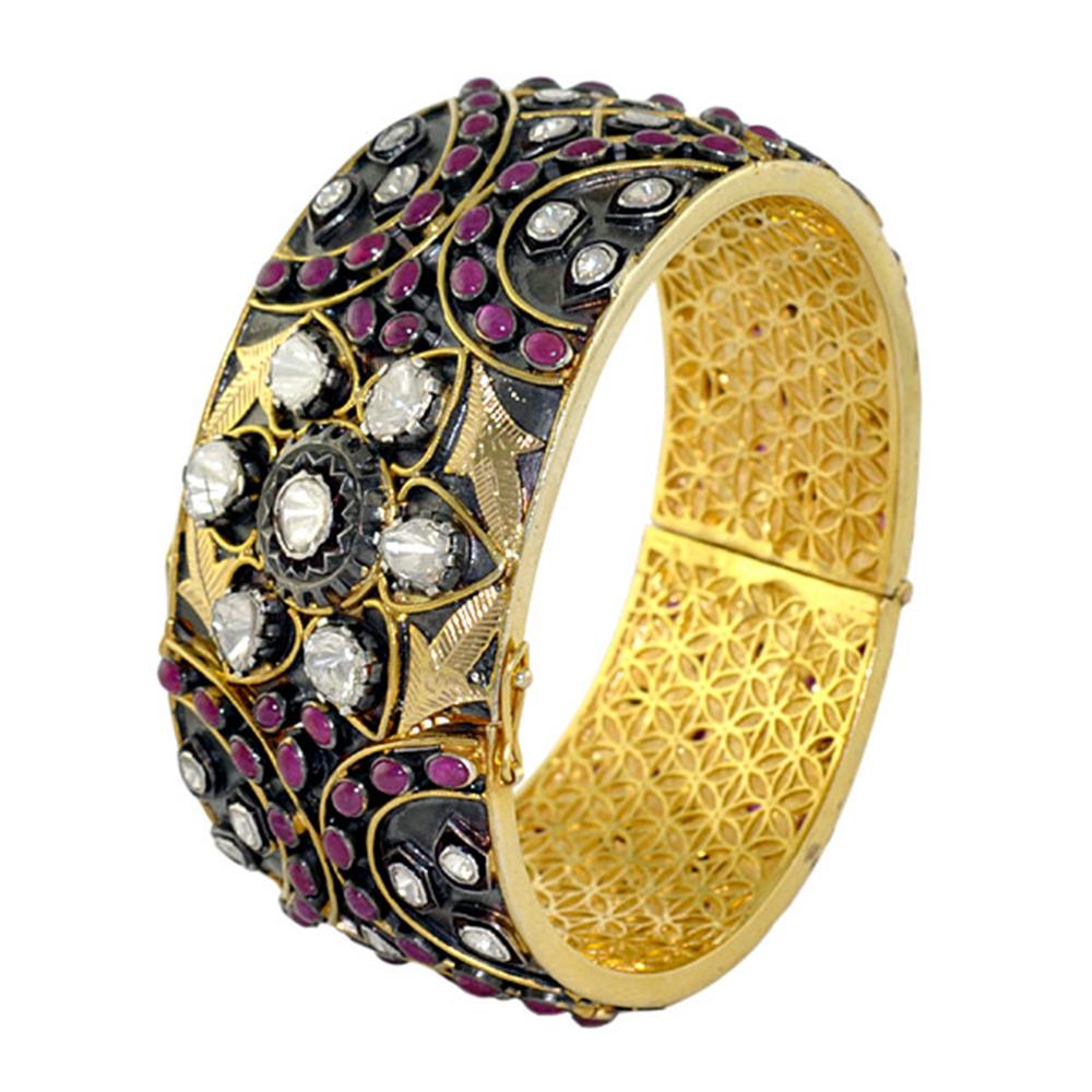 Brazalete De Diamantes Y Rubí Rosecut Con Trabajo De Filigrana Hecho En Oro Amarillo De 14k Y Plata Corte mixto en venta