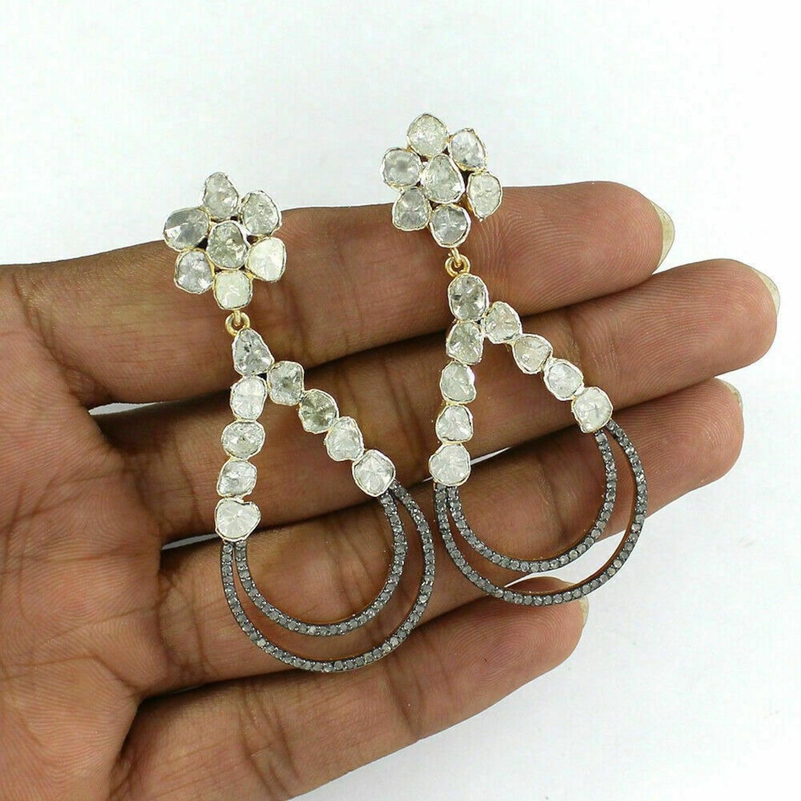 Art Deco Rosecut Earring 925 Sterling Silver Pave Diamond Polki Earring Handmade Gifts. For Sale