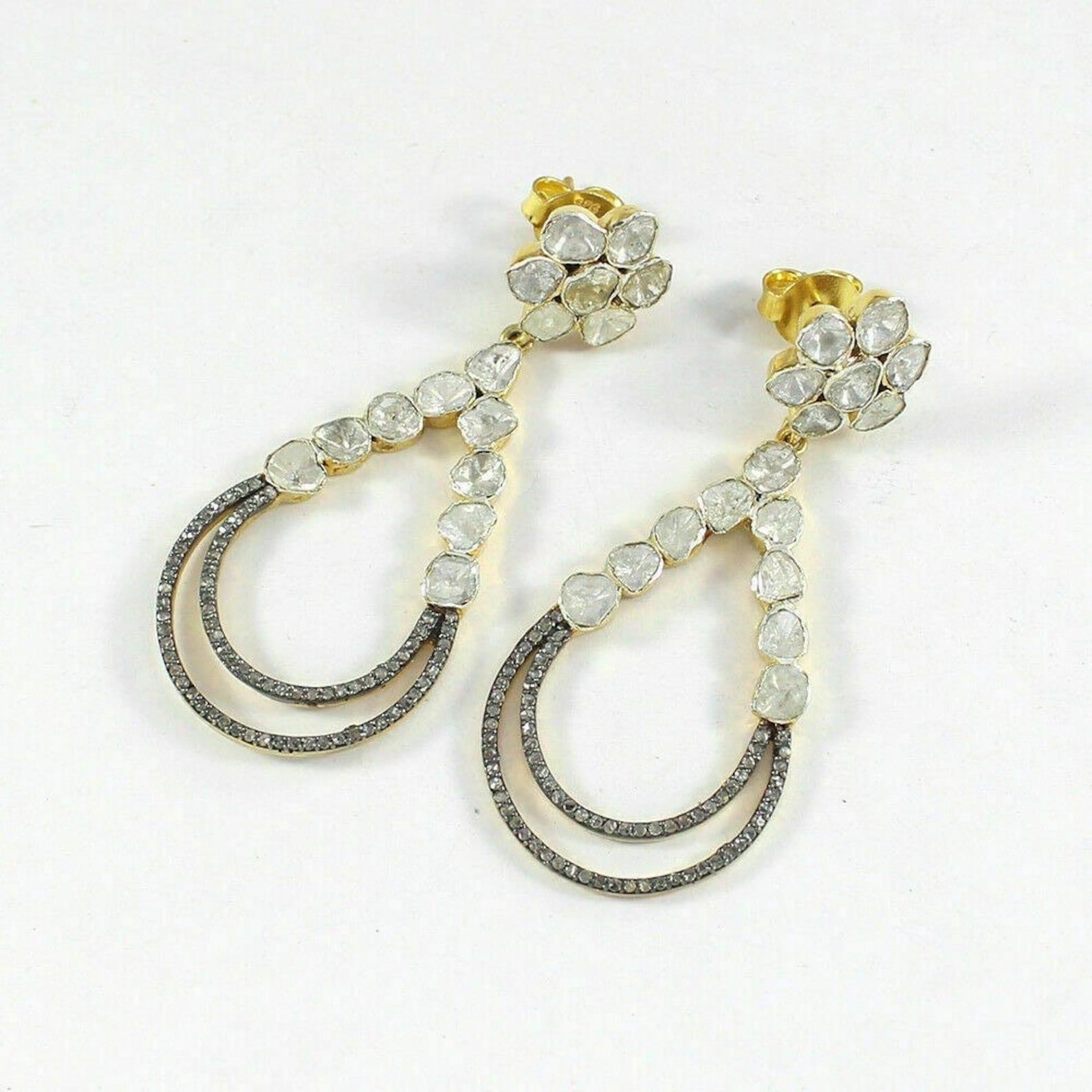 Round Cut Rosecut Earring 925 Sterling Silver Pave Diamond Polki Earring Handmade Gifts. For Sale