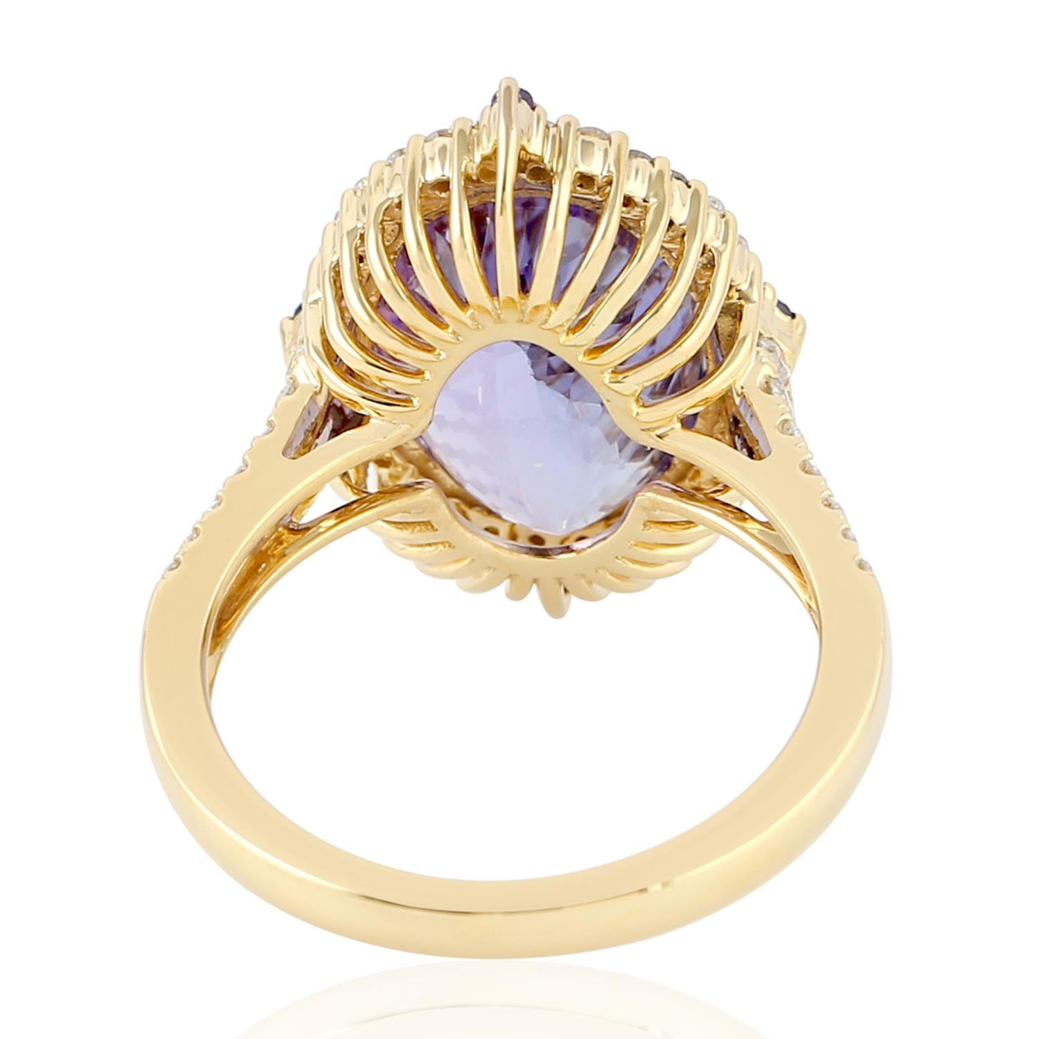 Mixed Cut Rosecut Oval Shaped Tanzanite Ring With Diamonds Made In 18k Yellow Gold For Sale