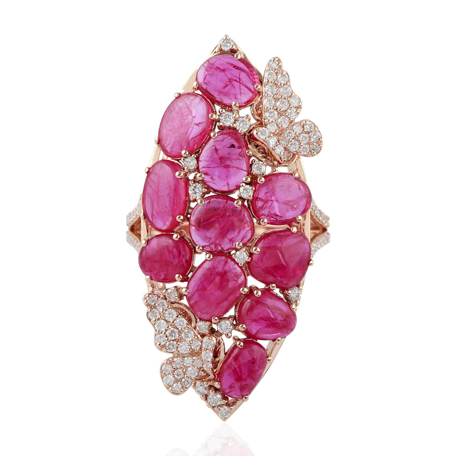 Bague Rosecut en or jaune 18k avec rubis et papillon en diamant Pour femmes en vente