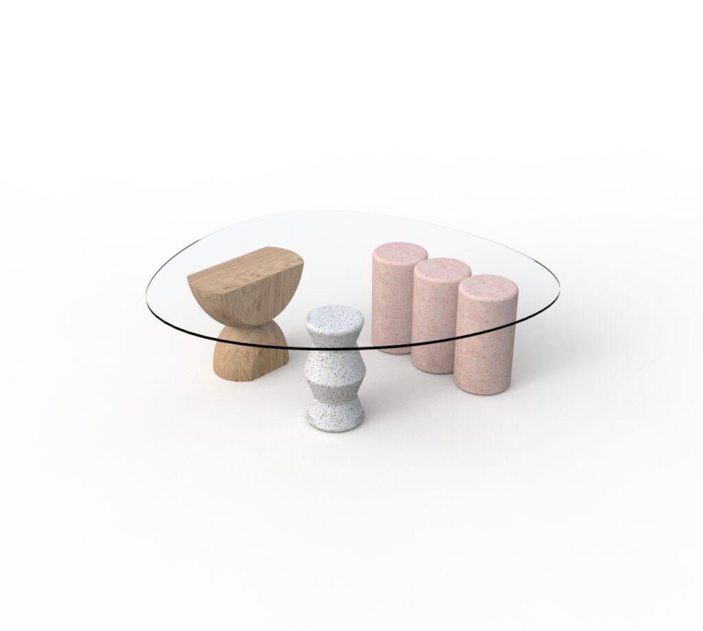 Rosedal Cantera Coffee Table by Comité De Proyectos
Dimensions: D 122 x W 125 x H 38 cm.
Materials: Solid oak wood, pink cantera stone and terrazo bases. Irregular, tempered clear glass tabletop.

This table has a clear tempered glass top, which