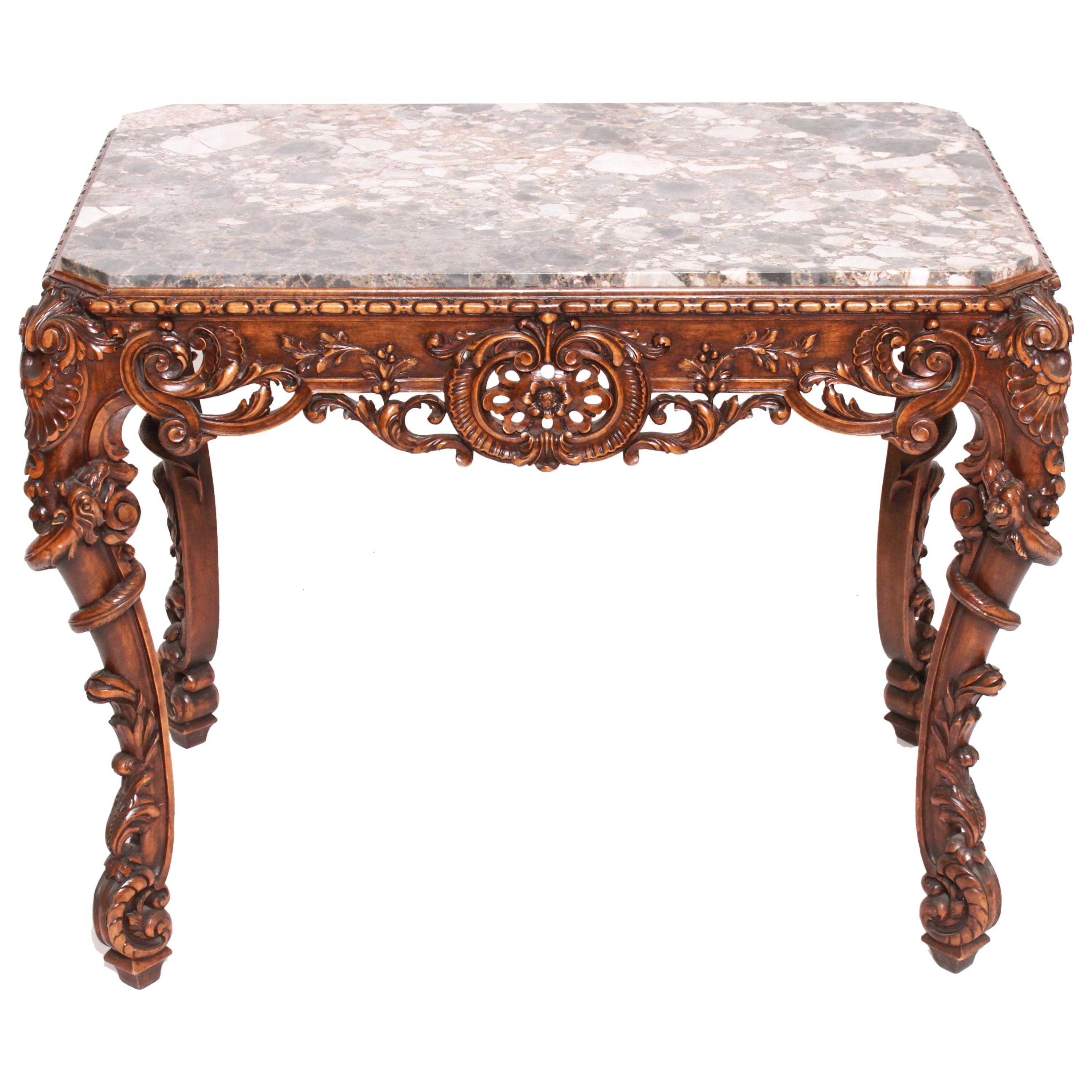 Rosel Rococo Style Carved Wood and Marble Table