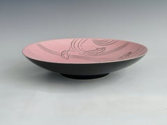 Roselane Pottery of Pasadena Pink Salad Bowl with Incised Modernist Fish Design