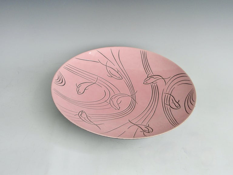 Roselane Pottery of Pasadena Pink Salad Bowl with Incised Modernist