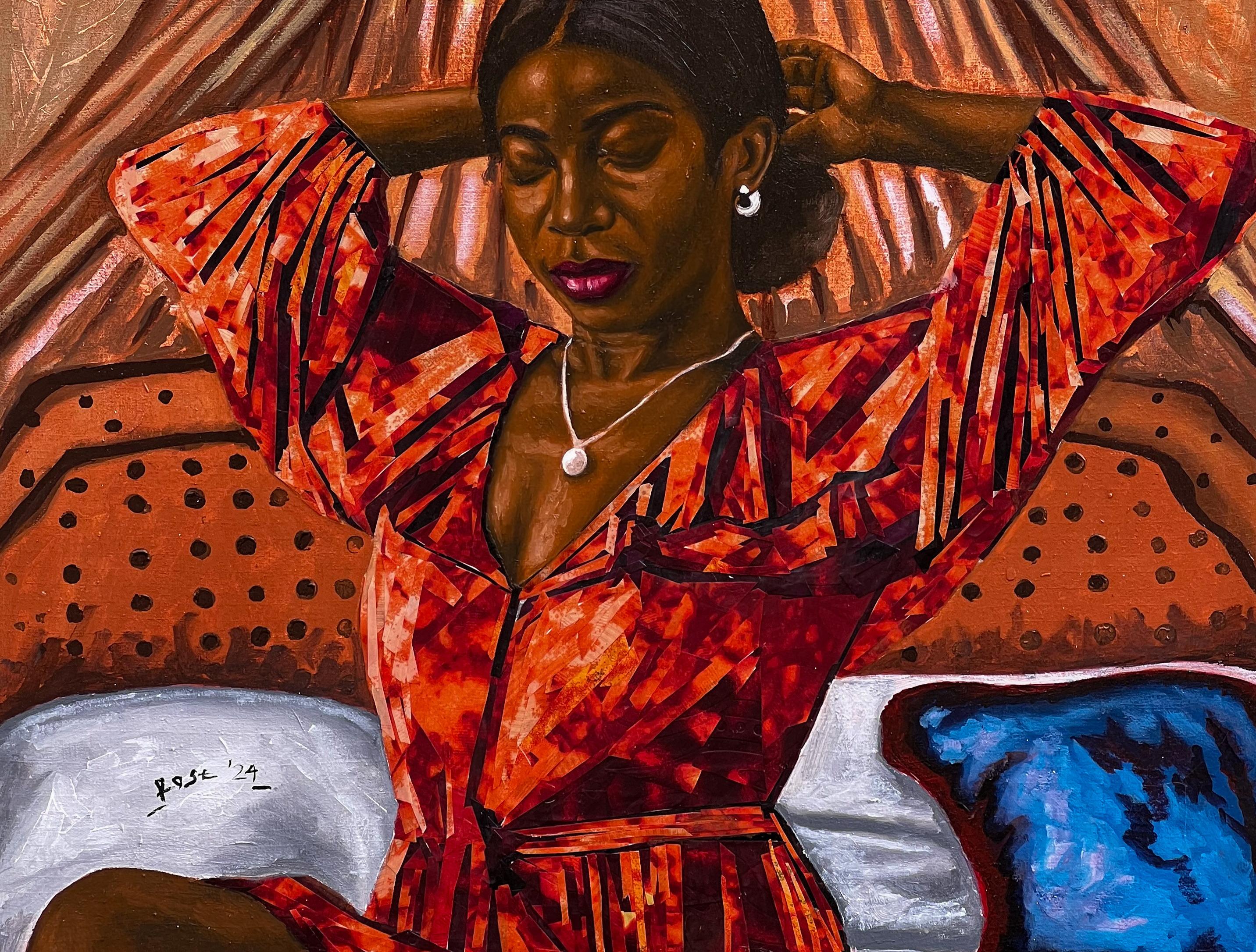 Morning Solace - Siglo XXI, Contemporáneo, Figurativo, Mujeres África Telas - Painting Expresionista de Roseleen Labazacchy,