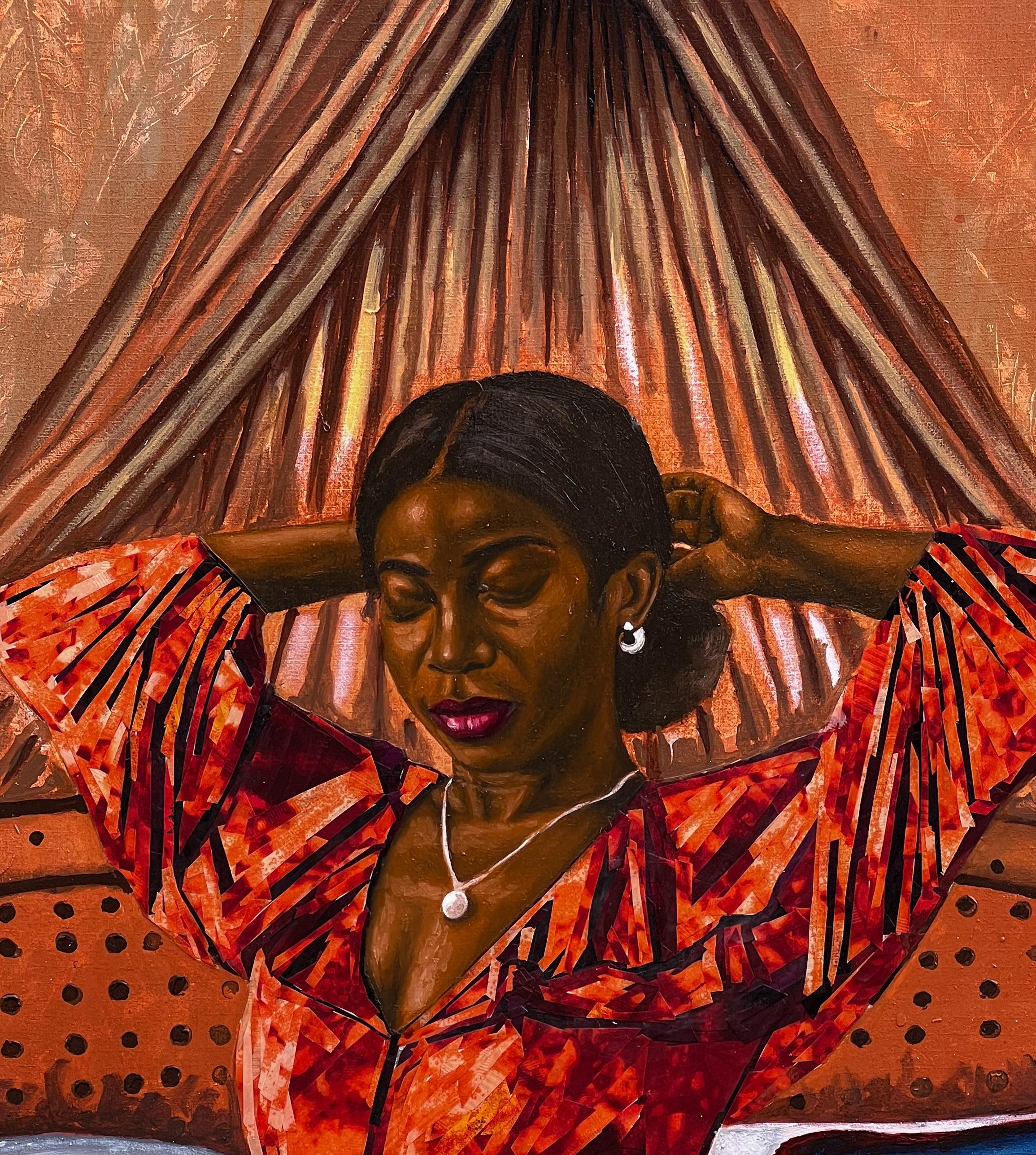 Morning Solace - Siglo XXI, Contemporáneo, Figurativo, Mujeres África Telas - Figurative Painting Marrón de Roseleen Labazacchy,