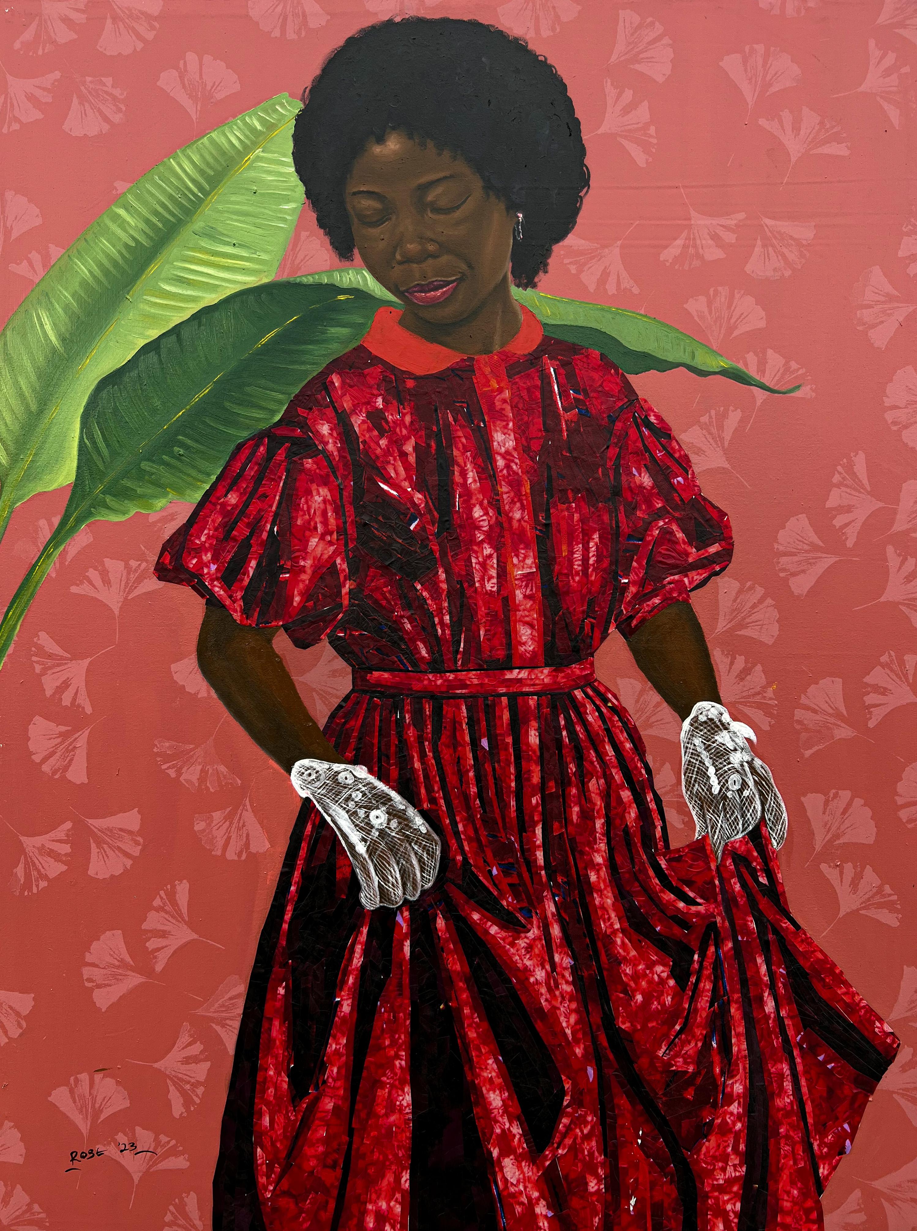 Red Dress - 21st Century Contemporary Portrait of an African Woman in Fabrics - Mixed Media Art by Roseleen Labazacchy,