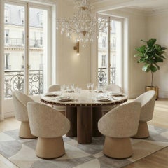 Roselle Dining Table - Travertine Top with Walnut Matte Base & Aged Brass Detail