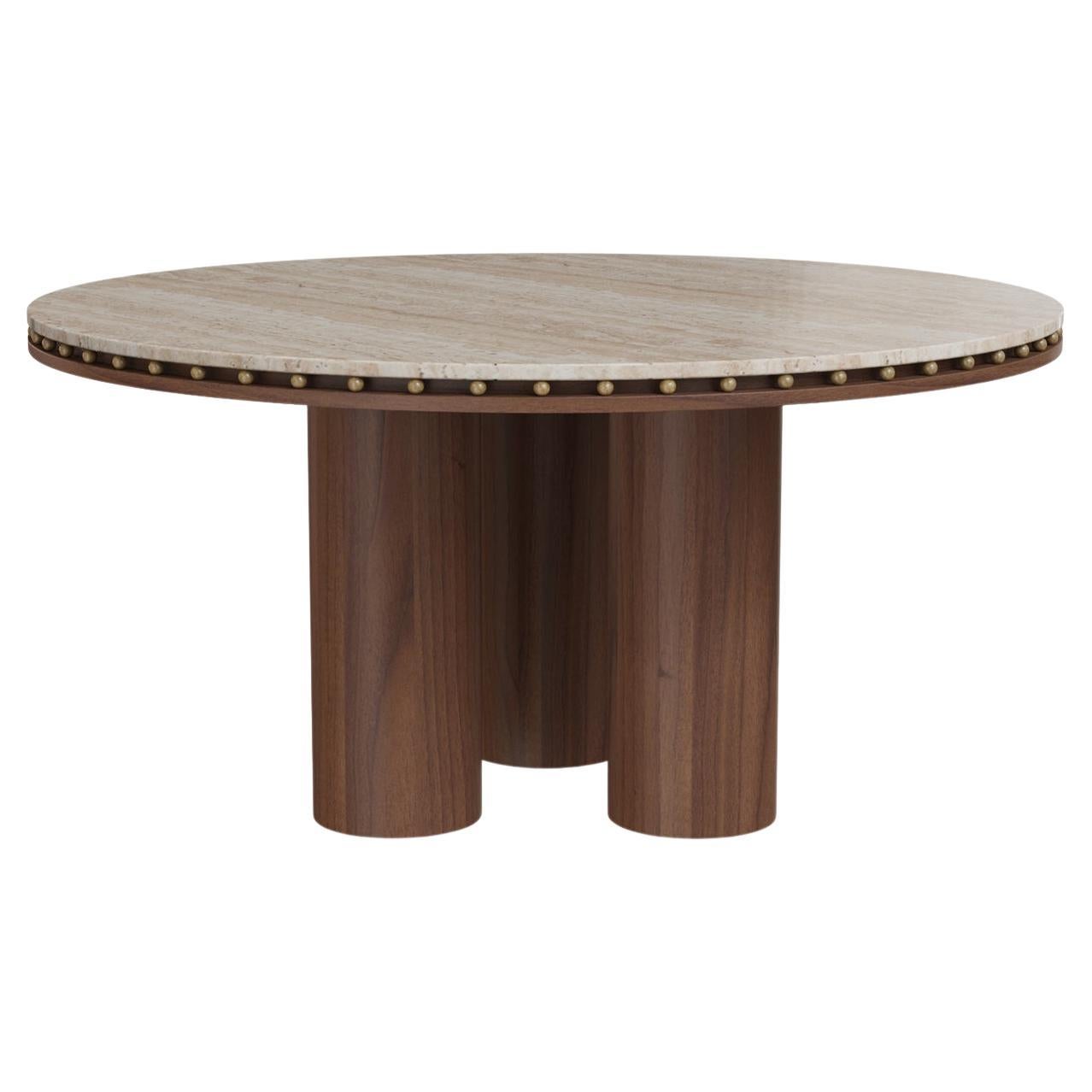 Roselle Dining Table - Travertine Top with Walnut Matte Base 
Aged Brass Detail For Sale