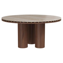 Roselle Dining Table - Travertine Top with Walnut Matte Base 
Aged Brass Detail