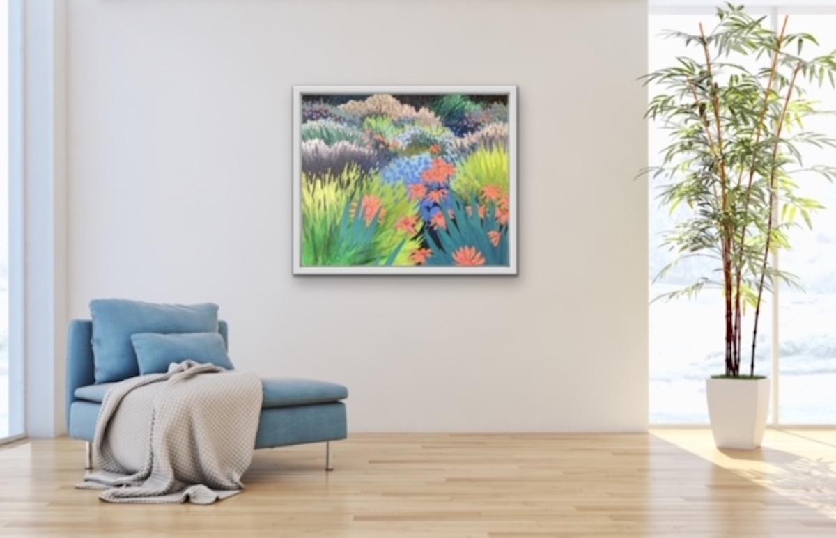 Jardin Crazy, Art floral semi-abstrait, Peinture de paysage vibrante, Nature morte en vente 2